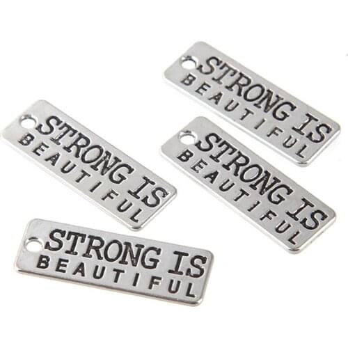 Yamily 15pcs/27x10mm Strong is Beautiful Charm Zinc Alloy Rectangle Inspire Words Fitness Pendants For Diy Jewelry Making