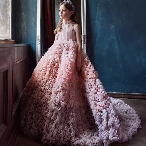 Pink puffy princess girls birthday ball gowns ruffles girl celebration pageant dresses sleeveless luxury girls photo props