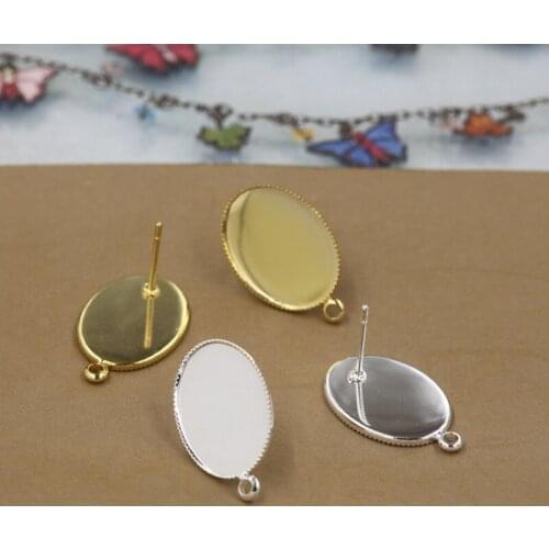 10pc 13x18mm Gold Silver Oval Stud Earring Bezel Post Earrings with Loop Hang Earring Blank Cameo Base Glass Cabochons Settings