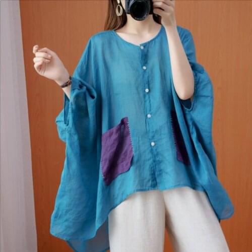 Loose Patchwork Cotton Linen Blue Women Shirts Summer Vintage Batwing Sleeved Casual All Match Female Outwear Coats Tops