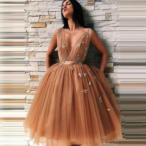 Tulle Appliques Prom Dresses Short Deep V-Neck Spaghetti Straps Low Back A-line Formal Pageant Wear Evening Event Dresses