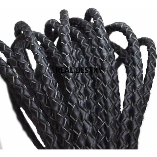2m/lot approx 6mm Round Black Braided Genuine Leather Strip Cord String Rope For Bracelet Necklace Jewelry cowhide leather cords