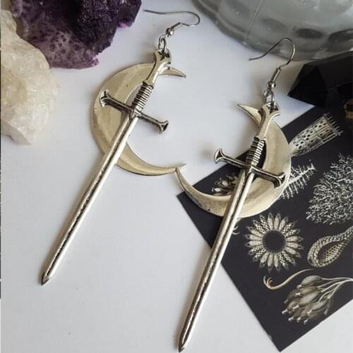 Gothic Swords Moon Earrings Witchy Warrior Pagan Viking Alternative Medieval Jewellery Punk Creative statement Women Gift trend