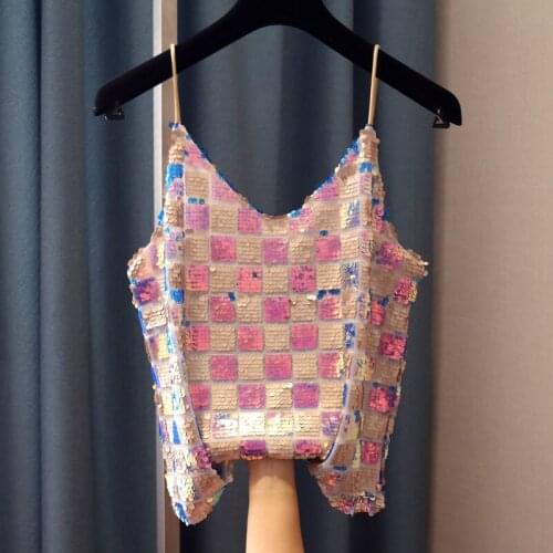 Plaid Colorful Sequins Camisole Womens Outer Wear Autumn New Korean-Style V-neck Sexy Sleeveless Top Camisole Tanks Femme