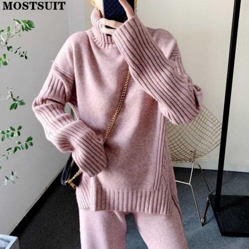 Autumn Winter Thicken Warm Ladies 2 Pieces Set Turtleneck Pullovers & Lace-up Wide Leg Pants Women Solid Sweater Sets 2021