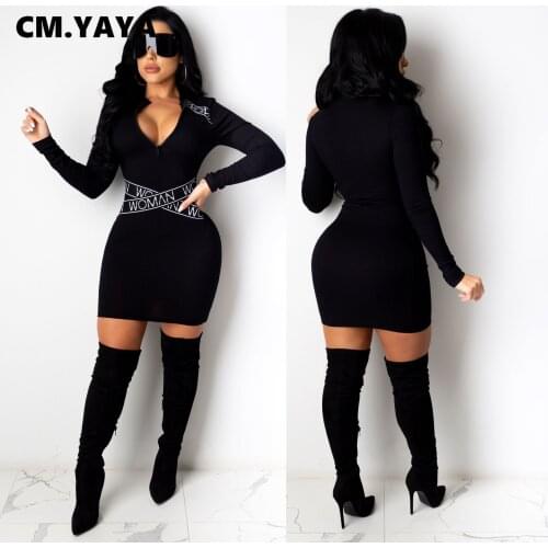 CM.YAYA Women Autumn Letter Print Bodycon Mini Dress Long Sleeve Pencil Sexy Night Club Party Zipper Ribbon Street Dresses