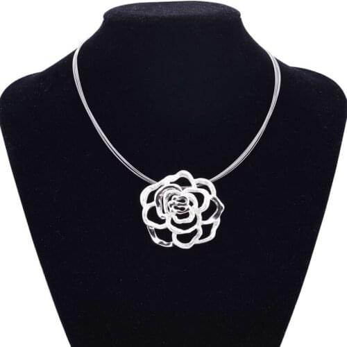Miasol Silver Plating Hollow Rose Pendant Stainless Steel Wired Necklace For Women Party Wedding Jewelry Gift