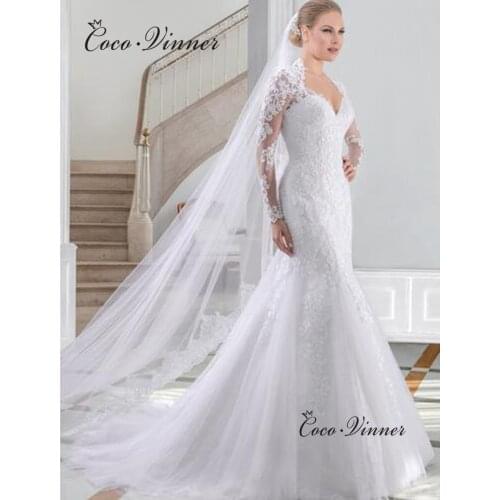 Long Sleeve South America Wedding Dress Mermaid Lace Appliques V Neck Elegant Bride Dress Mariage Wedding Gowns W0152