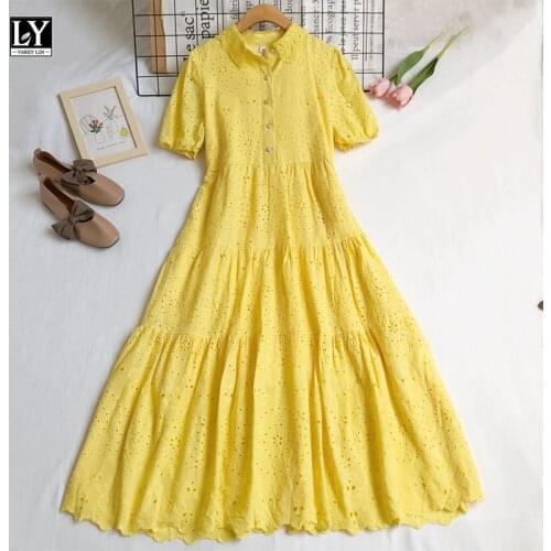 LY VAREY LIN New Summer Women Casual High Waist Single Breasted Vintage Dress Sweet Turn-down Collar Hollow Out Embroidery Dress