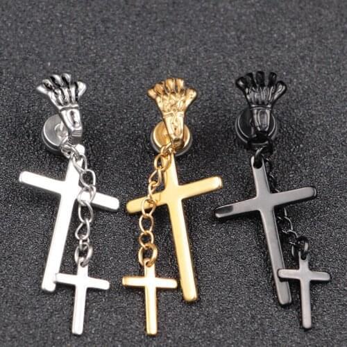 1 Pair Cross Earrings Stud for Men Women Hand Ear Stud Two Cross Pendant Drop-Dangle Earring Stainless Steel Piercing Jewelry