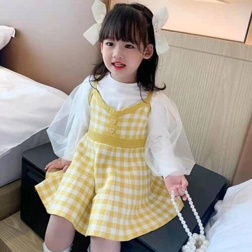 2PCS baby girl clothes autumn and winter western style plaid knitted sweater skirt suit sweater suspender dress girl clothes