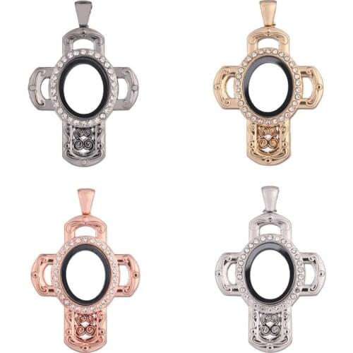 1pcs Alloy vintage cross oval Rhinestone Magnetic Glass Locket Living Memory Floating Charm pendant locket for necklace Jewelry