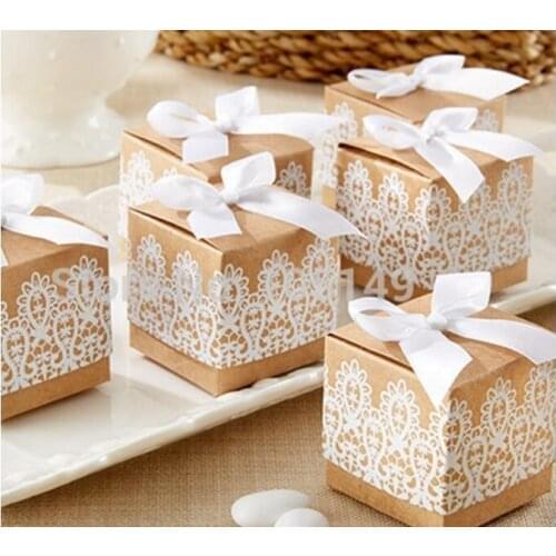 50 PCS Sweet Love Decoration Candy Sugar Paper Gift Box Rustic Lace Kraft Favor Box With Free Ribbon Wedding and Party