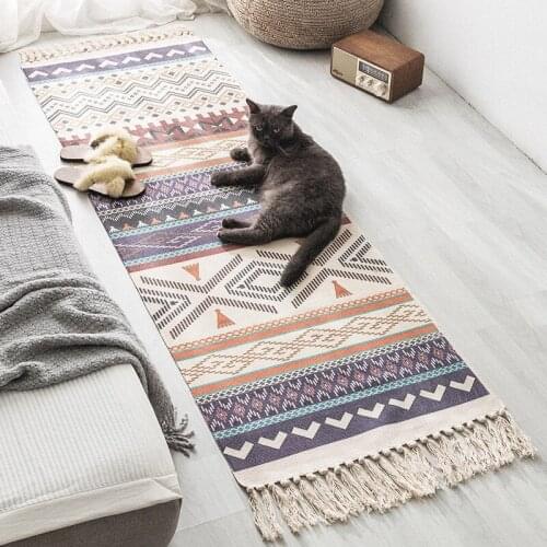 60x130cm Retro Bohemian Hand Woven Cotton Linen Carpet Rug Bedside Rug Geometric Floor Mat Living Room Bedroom Carpet Home Decor