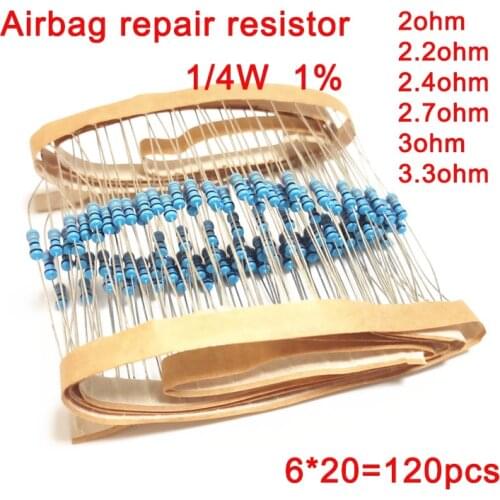 1/4W 1% metal film resistance Car Airbag repair resistor 2ohm 2.2ohm 2.4ohm 2.7ohm 3ohm 3.3ohm 6 types of Electronics kit