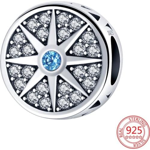 Real 925 Sterling Silver Sky Blue Pointed Star Round Charm Fit Original 3mm Pandora Diy Bracelet Fashion Jewelry Gift for Women