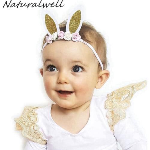 Naturalwell Handcrafted Pastel Silver Bunny Ears Baby Headband nylon Bandage Easter Girl Headband Bunny Ears Accessory HB229S