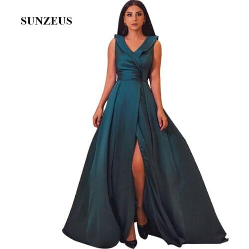 Elegant Women Evening Dress Long Satin Party Gowns With Slit A-line V-neck Lady Formal Dresses vestido noite