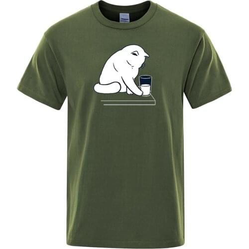 Lovely Cat T-shirts Funny Cat Drink Water Printed Tops Men Summer Casual Cotton Short Sleeve Hip Hop T Shirt Harajuku Streetwear