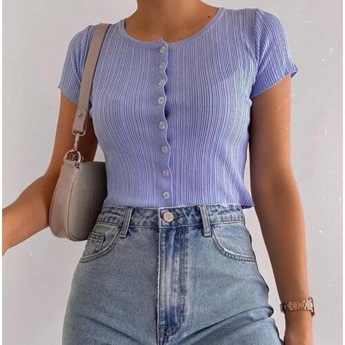 Casual O Neck Ribbed T Shirt Women Short Sleeve Tops Solid Color T Shirt Short Cardigans Tops Summer Women