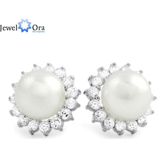 925 Sterling Silver Stud Earrings Classic 10mm Simulated Pearl With Cubic Zirconia Earrings For Women (Jewelora EA101781)