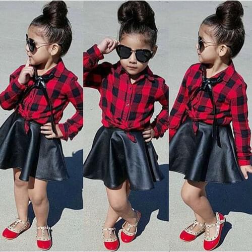 Fashion Newborn Infant Baby Girls Sets 2PCS Long Sleeve Red Plaid Shirts Tops Black Leather A-Line Mini Skirts Outfit 1-6Y