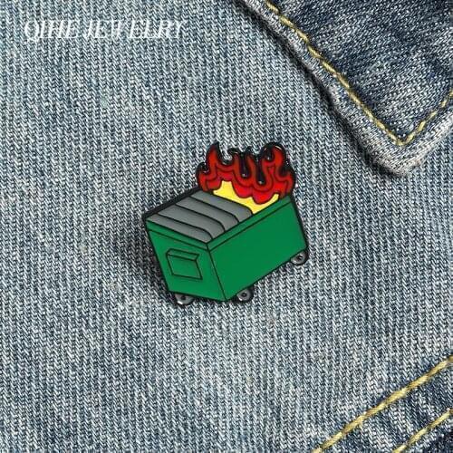 QIHE Jewelry Dumpster Fire Enamel Pins Bad Hair Day Brooches Badges Fashion Pin New year Gifts for Friends Wholesale