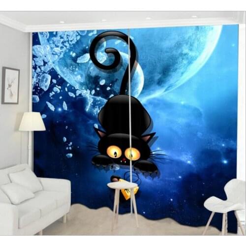 2018 New blue cat pattern 3D Window Curtains Luxury Blackout Living Room bedroom Cortinas Drapes Rideaux Customized pillowcase