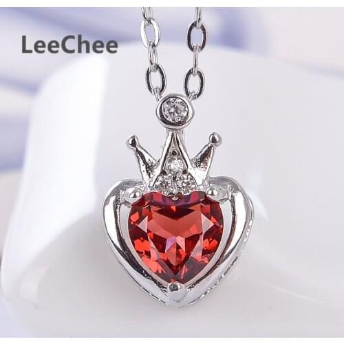 LeeChee 100% Natural Garnet Pendant 0.5ct Real 925 Solid Sterling Silver jewelry wine red gemstone necklace Heart shaped gift