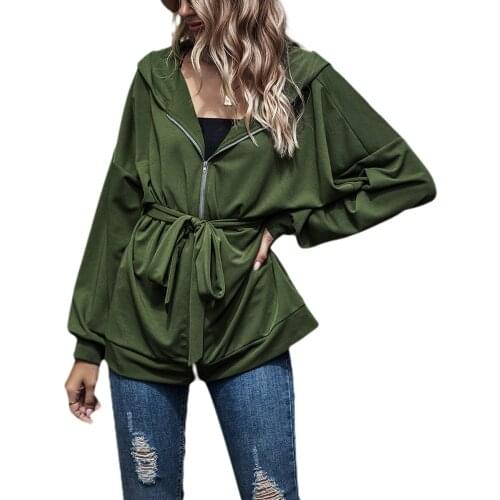 Stylish Women coat Solid Color Cardigan Autumn Winter Bat Sleeve zipper Lace-up Casual Hooded Coat long Streetwear tops New