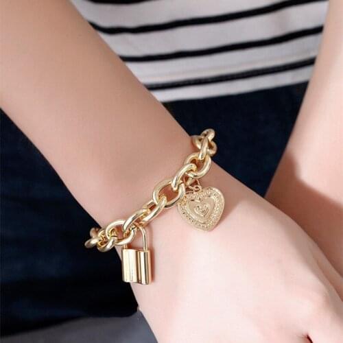 Punk Rock Thick Chain Heart Bangles&Bracelet for Women Men Retro Geometric Lock Charm Bracelet Lovers Jewelry Wholesale