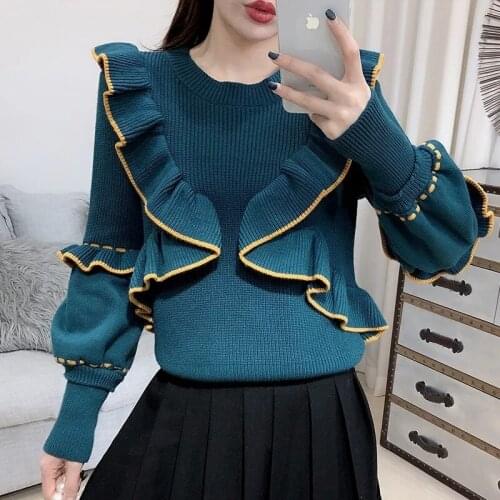 Ruffles Contrast Color Patchwork Pullovers Jumpers O Neck Lantern Sleeve Sweater Women Vintage Fashion Knitwear Long Sleeve Top