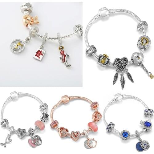 Romantic MOM Crown Beads Bracelet With Silver Color Snake Chain Charm Bracelet Bangle For Women Mother Jewelry Gift Dropshipping