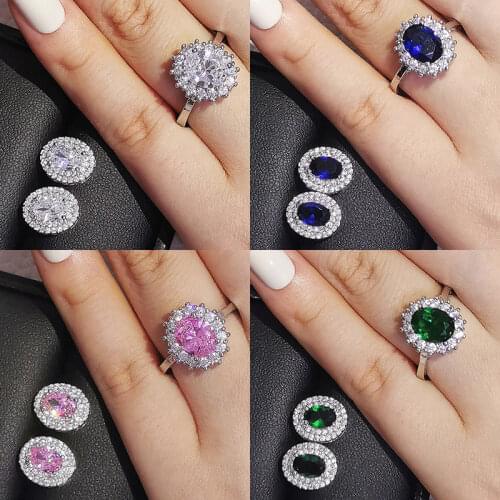 2pcs Pack 925 Sterling Silver Jewelry set halo Engagement ring round stud earring for Wedding Day gift J4944-blue