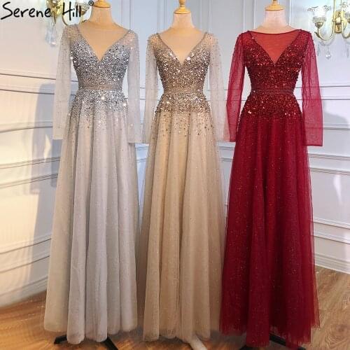 Serene Hill Wine Red A-Line Evening Dresses 2020 Dubai Beading Long Sleeves Sexy Formal Dress Design LA70734