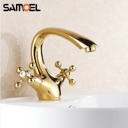Basin Faucets Mixer Taps Golden Plated Hot and Cold Double Handle Deck Mounted Sink Faucet Crane G1004