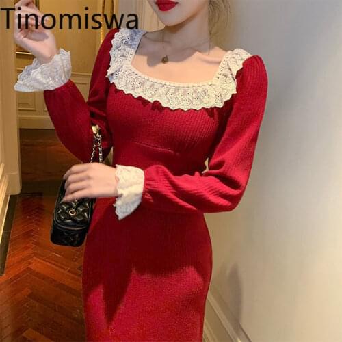 Tinomiswa Lace Patchwork Party Dress Women Square Collar Long Sleeve Slim Waist Knitted Dresses Female Elegant Fashion Vestidos
