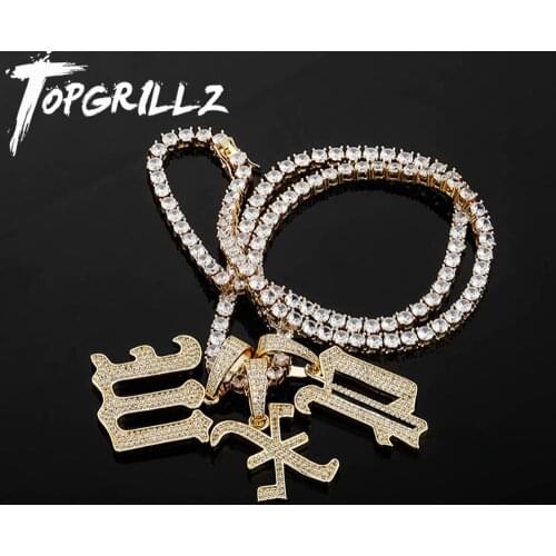 TOPGRILLZ Iced Out Letters A-Z Pendant Necklace With 4mm Tennis Chain Micro Pave CZ Stone Hip Hop Punk Style Jewelry For Gift