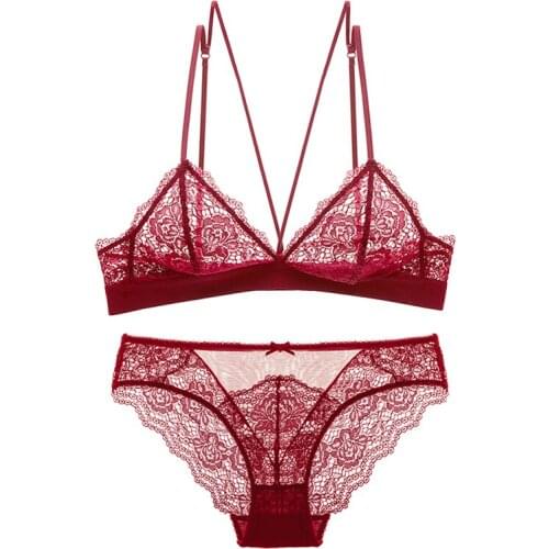 Ultra Thin Womens Sexy Triangle Cup Lace Floral Embroidery Underwear Top & Panty Transparent Wireless Bra Set S M L XL Green