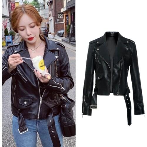 Faux Leather Jacket Moto Biker Short Black Jacket Women Fall 2020 Turn-down Collar Side Zipper Up Faux Leather Jackets Women