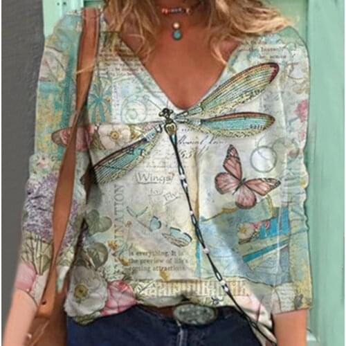 Womens Butterfly Printed Blouses 3XL Plus Size Casual Ladies V-neck Long Sleeve Pullover Top Female Clothes Spring Streetwear