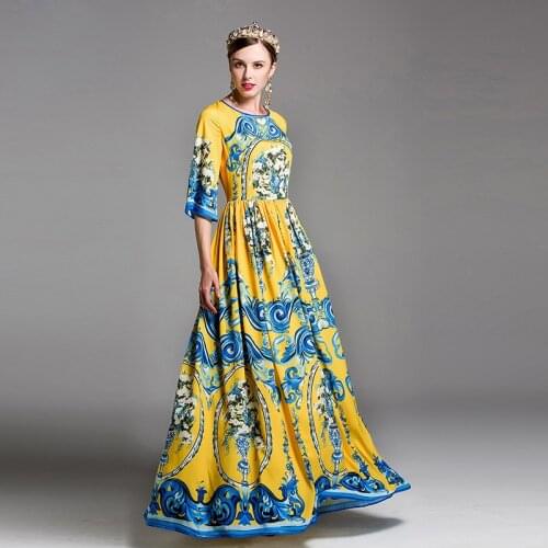 High Quality 2017 Designer Runway Maxi Dress Womens Flare Sleeve Gorgeous Flower Floral Print Vintage Floor Length Long Dress