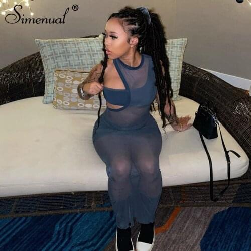 Simenual Mesh Sleeveless Three Piece Long Dresses Summer Holiday Birthday Outfits For Women Sexy See Through Bodycon Dress Party