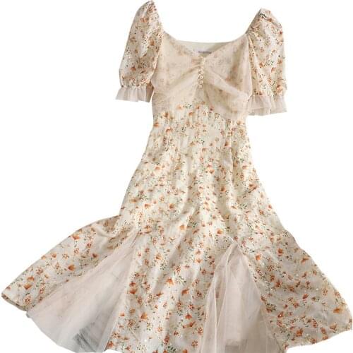 Autumn New Pearl Beading Women Summer Dresses Short Sleeve Square Collar Mesh Patchwork Floral Dress 2021 Woman Casual Vestidos