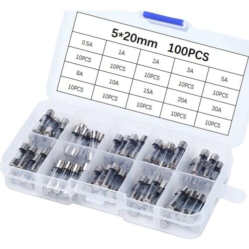 100PCS Quick connector fuse glass tube fuse kit, 5 × 20mm, tube fuse set 0.2A 5A 15A