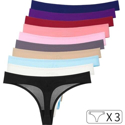 3Pcs Women Panties Sexy G String Ice Silk Thong Seamless Underwear T Back Candy Color Girls Briefs Size M-XXL