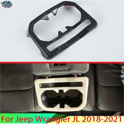 For Jeep Wrangler JL 2018 2019 Carbon Fiber Style Rear Seat Drink Cup Holder Chrome Trim Cover Bezel Surround Frame Styling