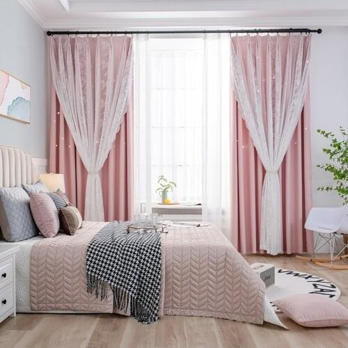 Double Hollow Star Blackout Curtains For Living Room Girl Children Bedroom Window Kitchen Pink Drapes With White Lace Tulle