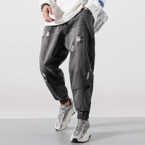 2021 New Vintage Fashion Men Jeans Loose Fit Spliced Ripped Denim Cargo Pants Hombre Harem Trousers Streetwear Hip Hop Jeans M