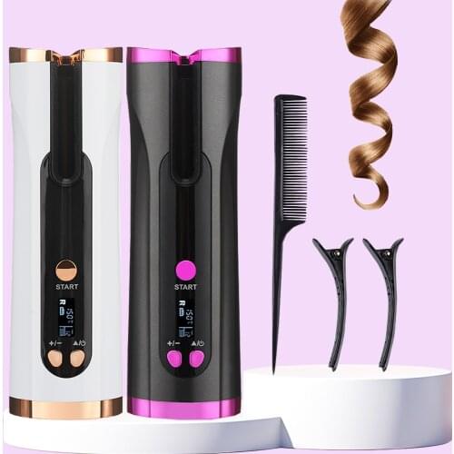 Cordless Curling Iron Automatic Hair Curler USB Rechargeable Curls Waves LCD Display Ceramic Curly Rotating Curling Wave Styler